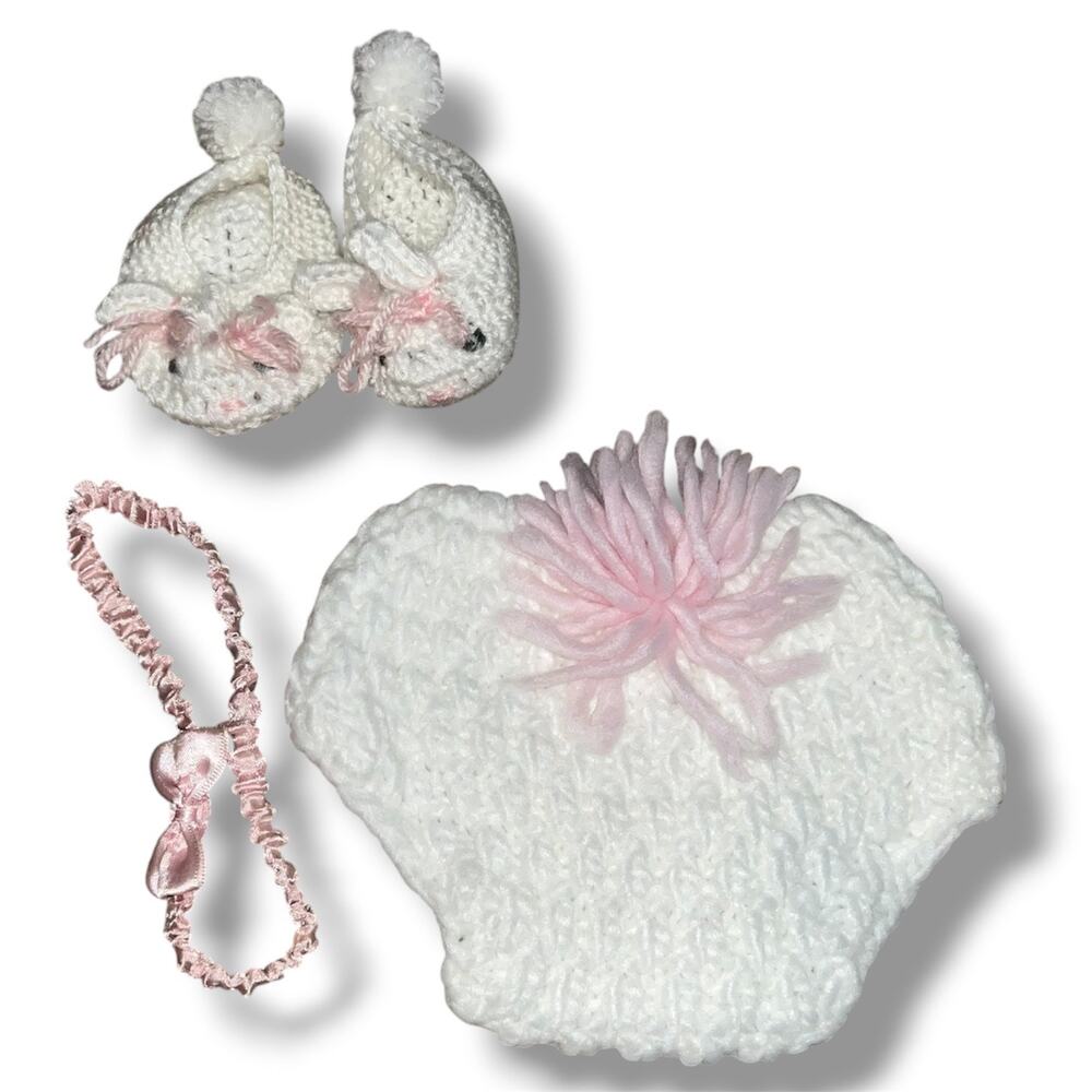 Adorable 4-Piece Handmade Bunny Baby Set  Knit Diaper Cover, Booties & Headband